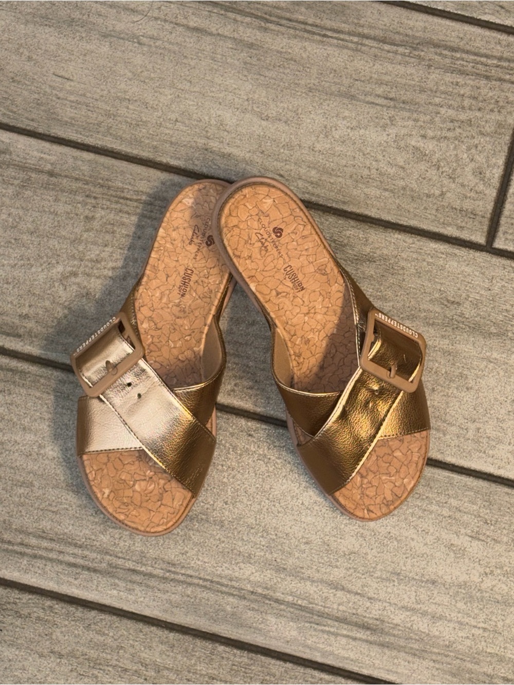 Clarks Metallic Bronze Cross-Strap Slide Sandals with Buckle